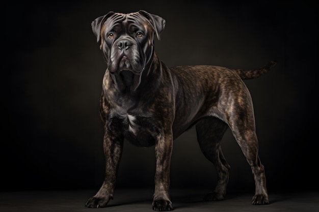 a dog standing in front of a black background