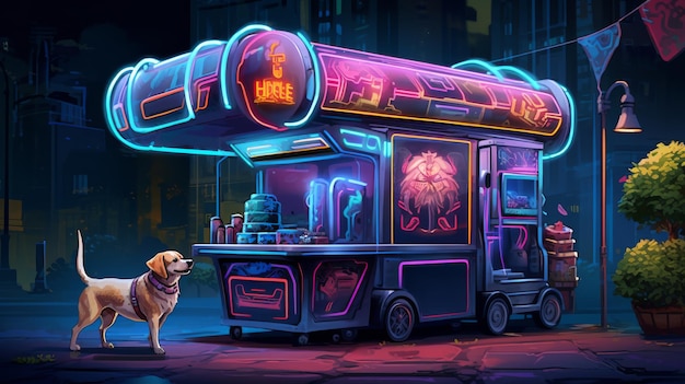 Photo dog standing in front of food truck