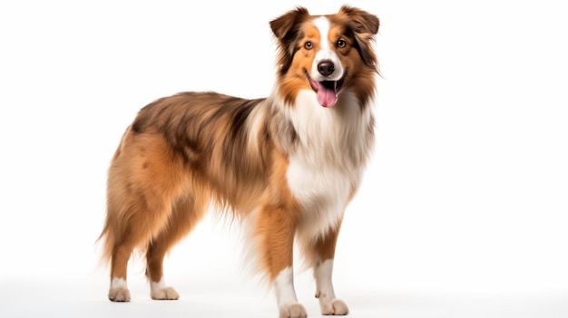 a dog standing in front of a white background