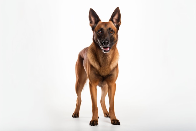 a dog standing in front of a white background