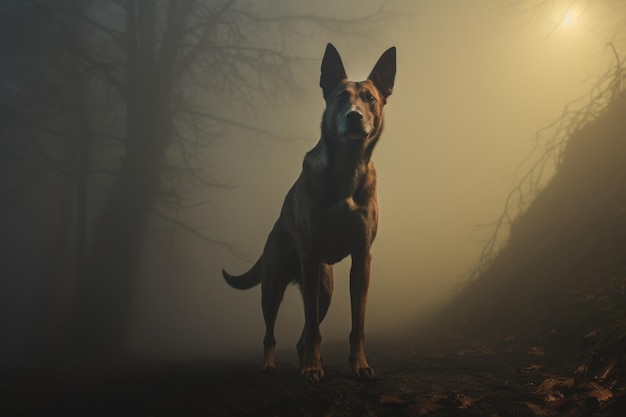 Photo a dog standing in the middle of a foggy forest suitable for naturethemed projects or mysterious atmospheres