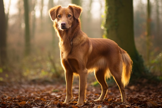 a dog standing in the middle of a forest