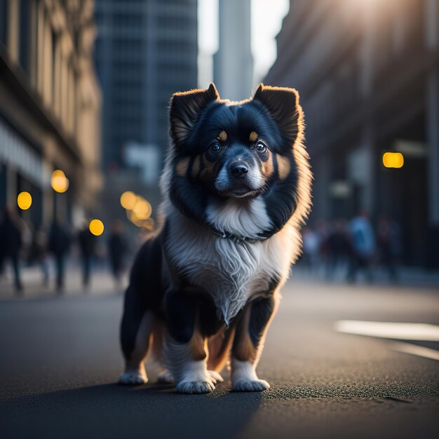 建物を背景に道の真ん中に佇む犬。