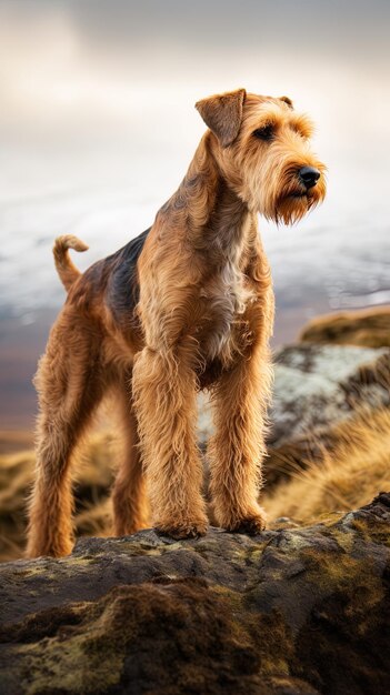 Photo a dog standing on a rock with a lake in the background