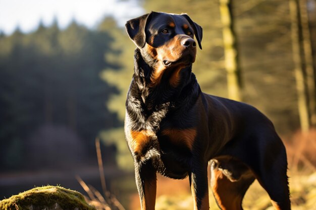 a dog standing on a rock in the woods