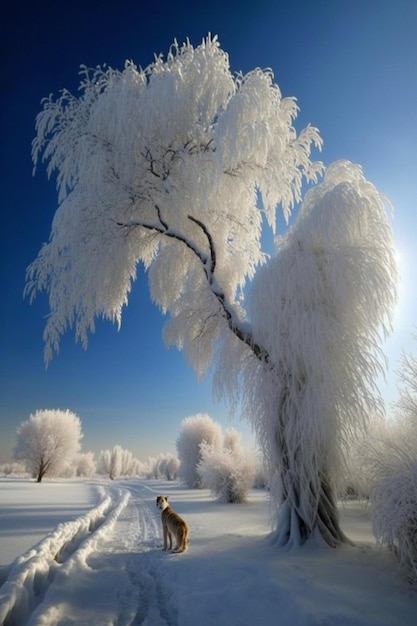 Собака стоит в снегу рядом с деревом, генерирующим искусственный интеллект