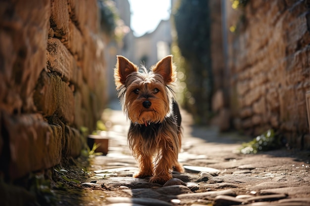 A dog standing on a stone path