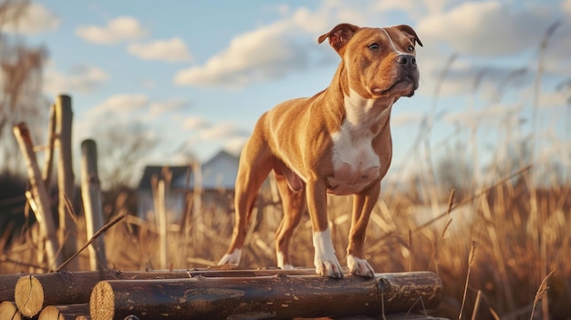 野原の木の上に立っている犬