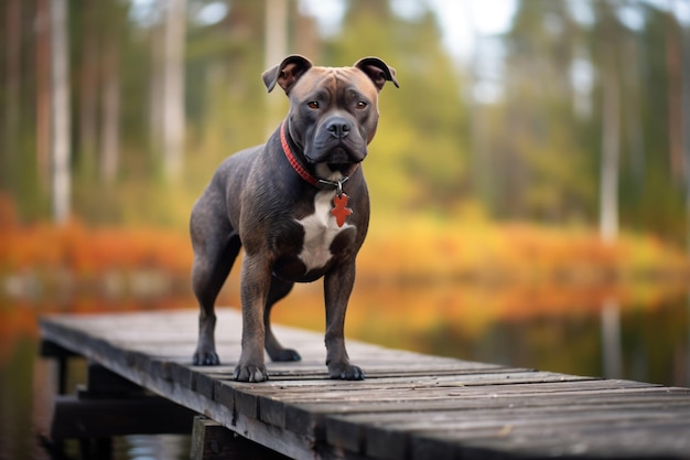 a dog standing on a wooden bridge over a lake