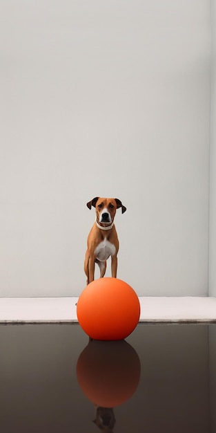 白い壁の前のボールの上に犬が立っています。