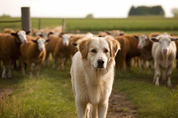 Foto un cane sta di fronte a un gregge di pecore.