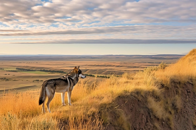 Photo a dog stands on a hill looking out over a vast landscape.