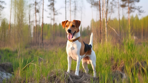 A dog stands on a log in the woods