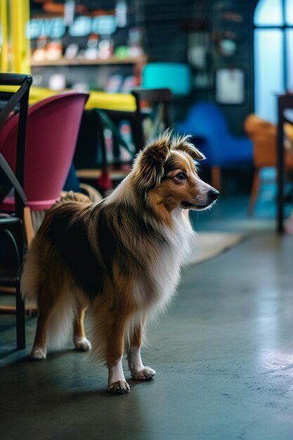 a dog stands near the chair in a store in the style of dark teal and light magenta carl zeiss