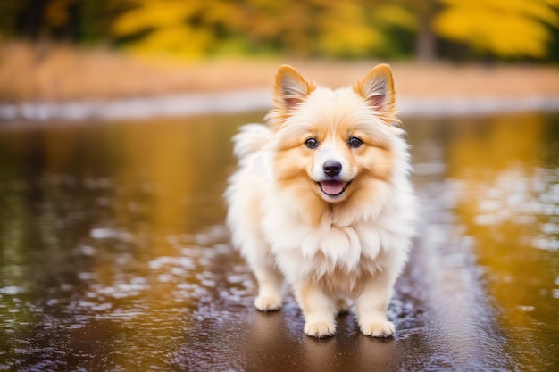 A dog stands in a puddle with the word dog on it.