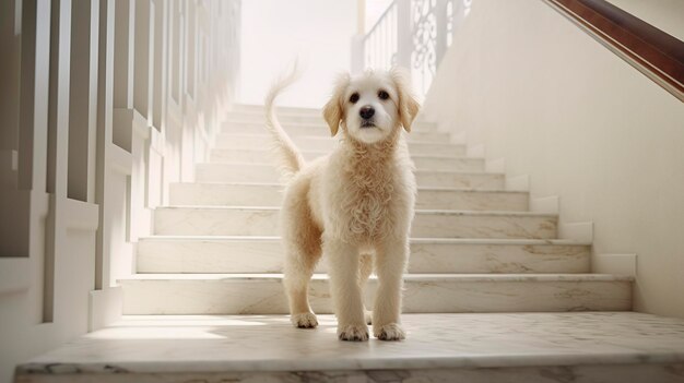 a dog stands on a staircase in front of a door