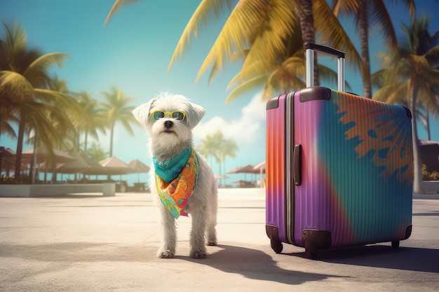 A dog stands next to a suitcase on a beach