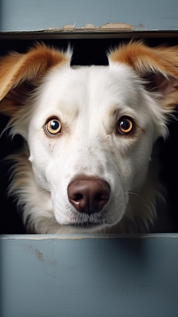 Dog staring from inside blank white wooden frame on grey background