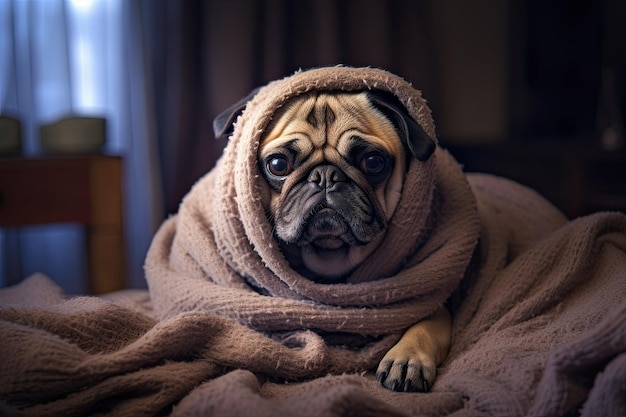 暖かく過ごす犬の写真 居心地の良い毛布に包まれたパグ
