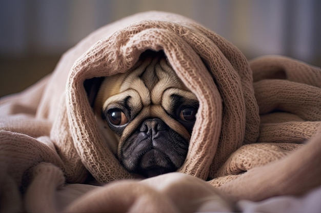 Dog Staying Warm Photo Pug Wrapped in Cozy Blanket