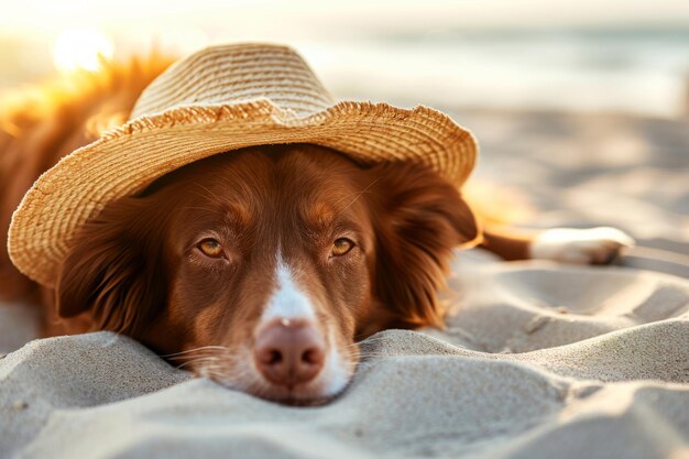 Dog in a straw hat resting on the beach Generative AI