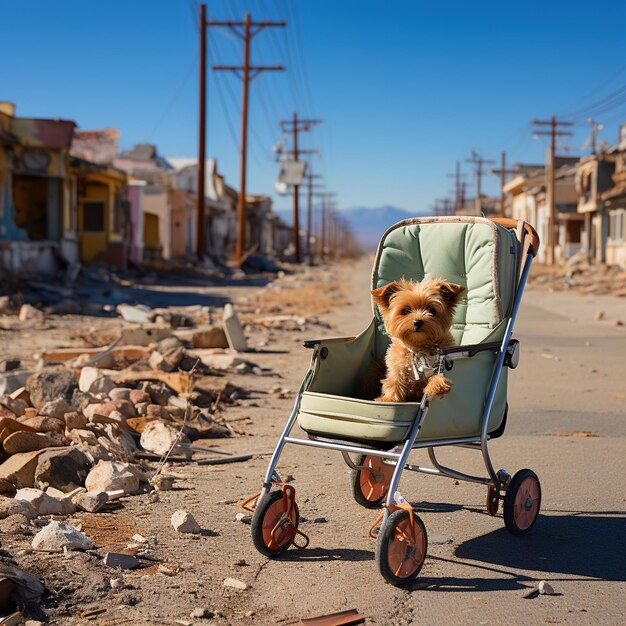 Dog in a stroller in a postapocalyptic city