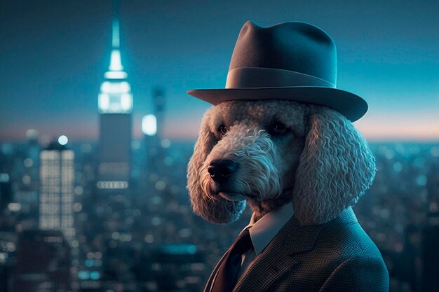 A dog in a suit and hat stands in front of a cityscape.