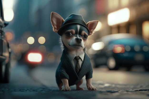 A dog in a suit and hat stands in the street.