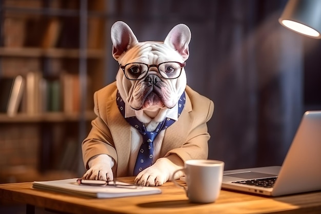 A dog in a suit is sitting at a desk with a laptop and a cup of coffee.