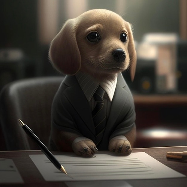 A dog in a suit is standing at a desk with a pen and paper.