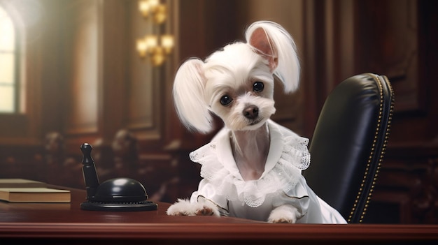 A dog in a suit sits at a desk in front of a phone.