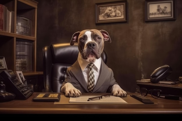 Photo a dog in a suit sits at a desk in a law office