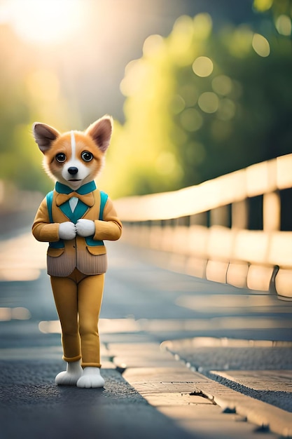 A dog in a suit walks on a sidewalk.