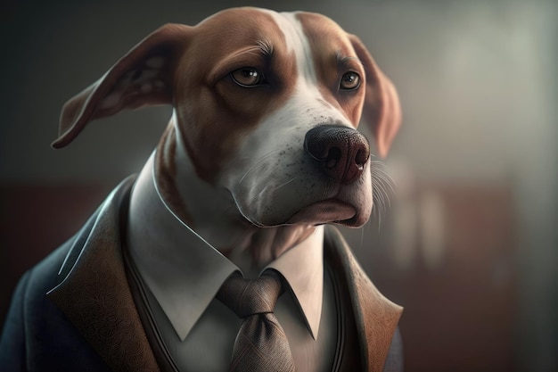 A dog in a suit with a collar and a tie