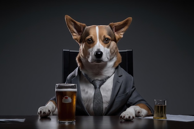 Dog in a suit with a glass of beer