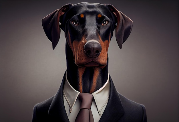 A dog in a suit with a tie that says doberman on it.