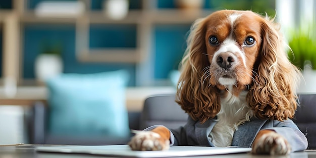 A dog in a suit working in a petfriendly corporate office setting Concept Pets at Work Corporate Culture Dog in Suit PetFriendly Office Office Setting