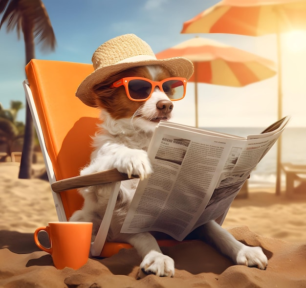 Dog on sun lounger in sunglasses reading a newspaper