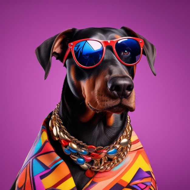 dog in sunglasses black and white colors with a purple gradient background