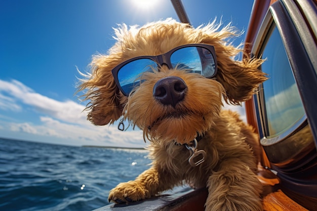 Dog in sunglasses on the deck of a sailboat in the sea