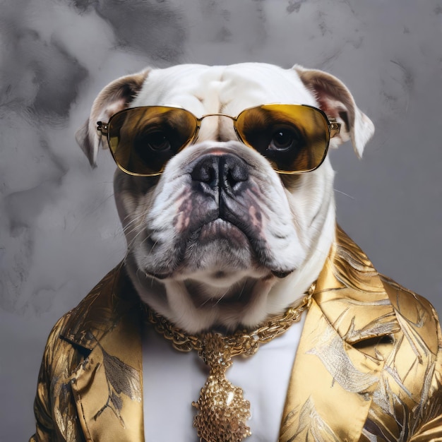 Собака в солнцезащитных очках, одетая как золотой ретривер.