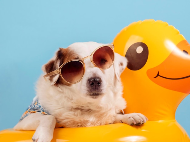선글라스를 쓴 개와 하와이안 셔츠는 노란색 부풀릴 수 있는 오리 서클 서머 컨셉에 놓여 있습니다.
