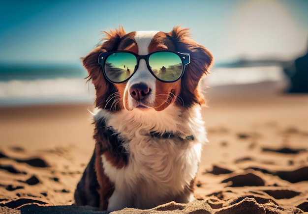 Dog in sunglasses is resting on the beach