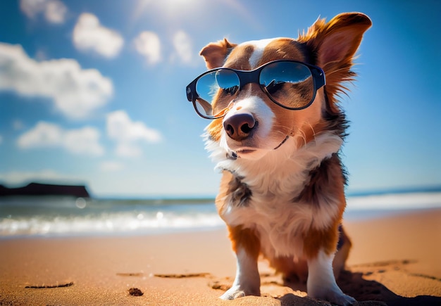 Dog in sunglasses is resting on the beach