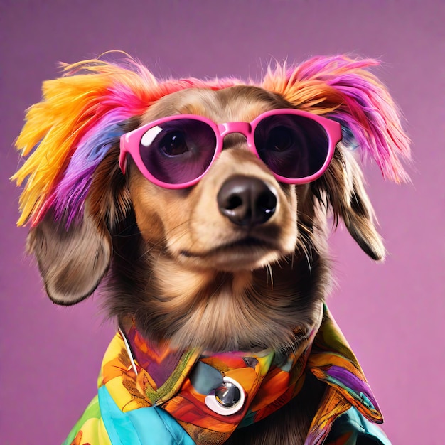 dog in sunglasses and a pink scarf