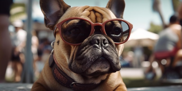 Dog in sunglasses at resort summer vacation concept panoramic image Generative Ai
