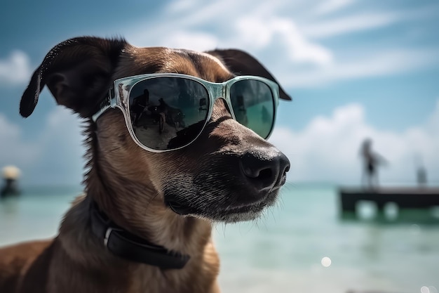 Собака в солнцезащитных очках отдыхает на Мальдивах AI
