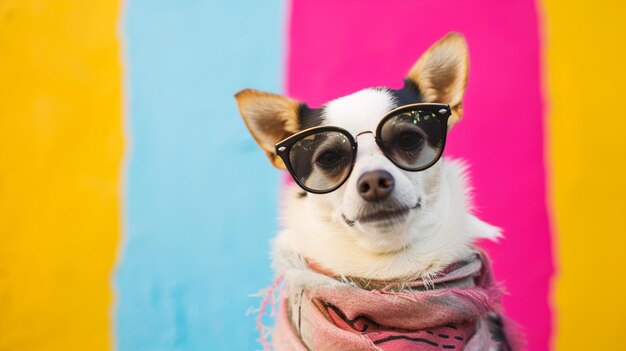 Photo dog sunglasses and scarf in studio with a colorful and bright backgrounda funny dog generative ai