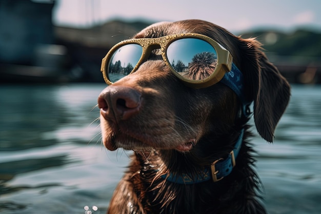 Dog in sunglasses at sea summer vacation concept Generative Ai