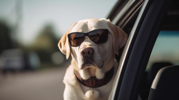 A dog in sunglasses sits in a car sunny day Generative AI